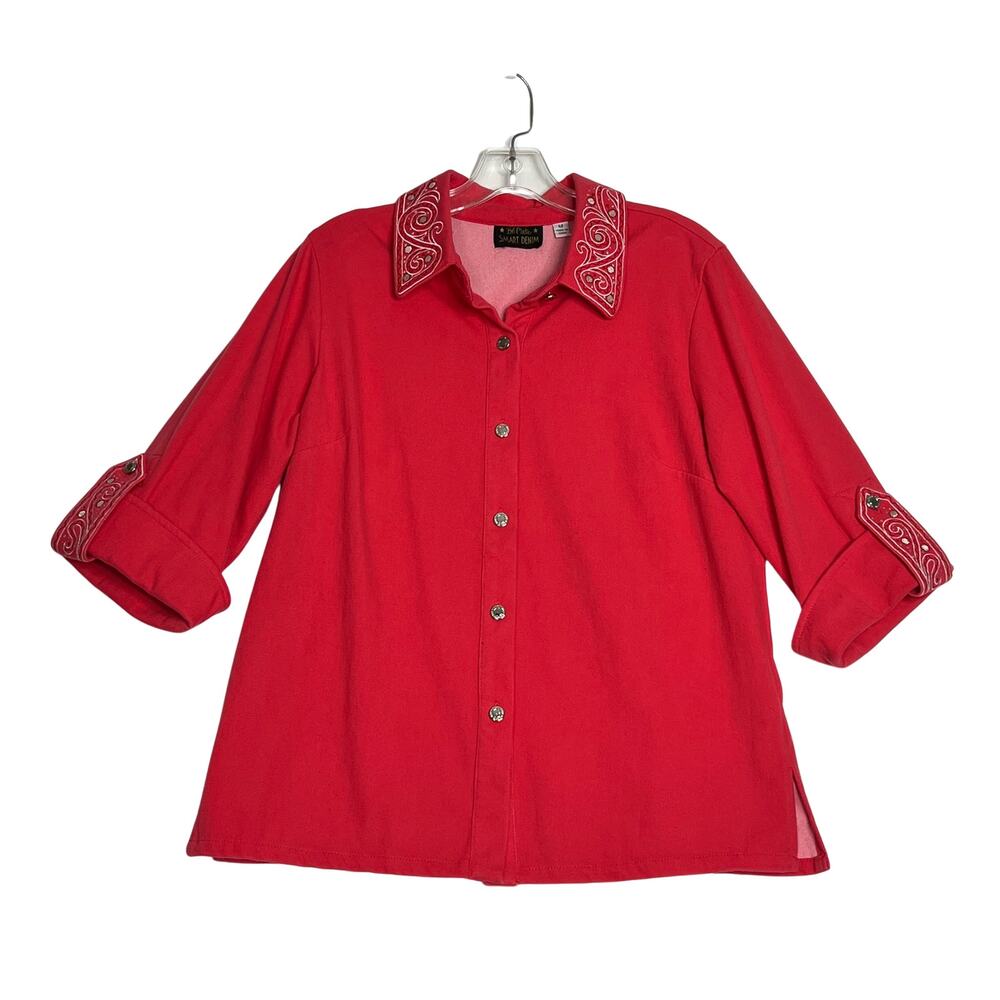 Bob Mackie Smart Denim 3/4 Roll Tab Sleeve Embroidered Button Shirt Pink Womens